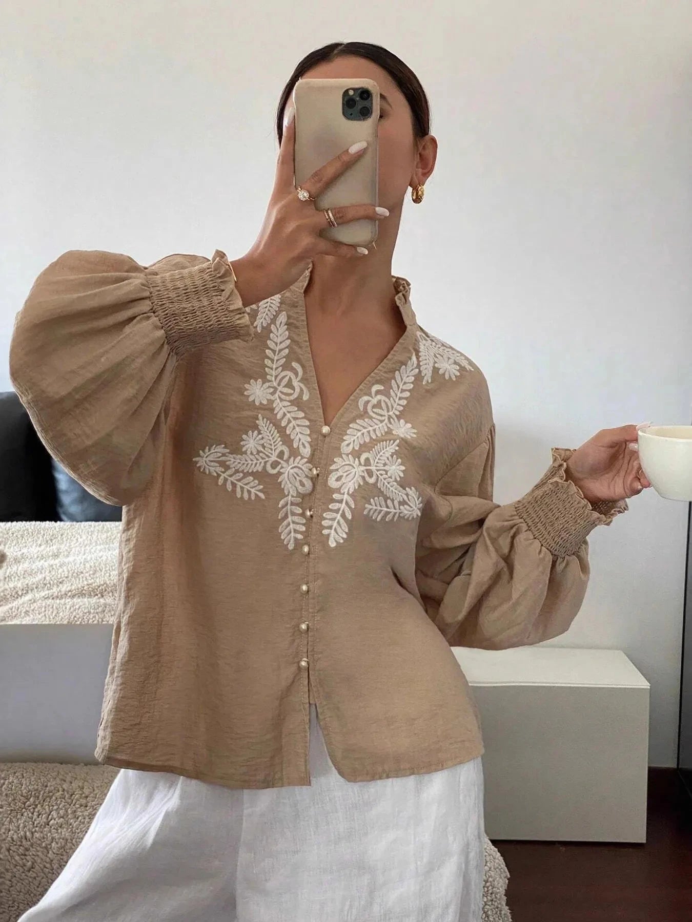 Embroidered Lantern Sleeve Blouse