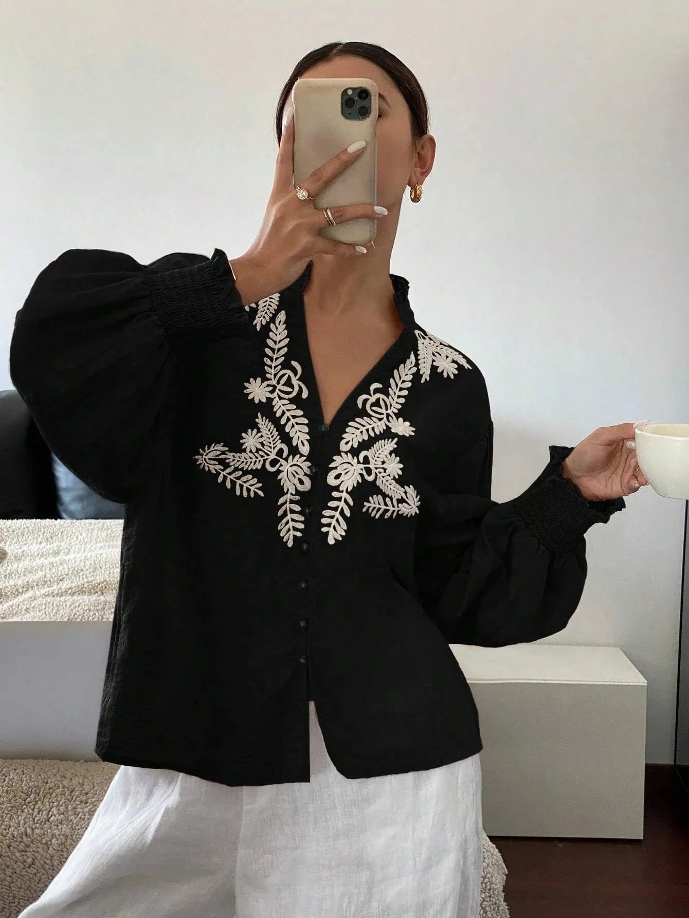 Embroidered Lantern Sleeve Blouse