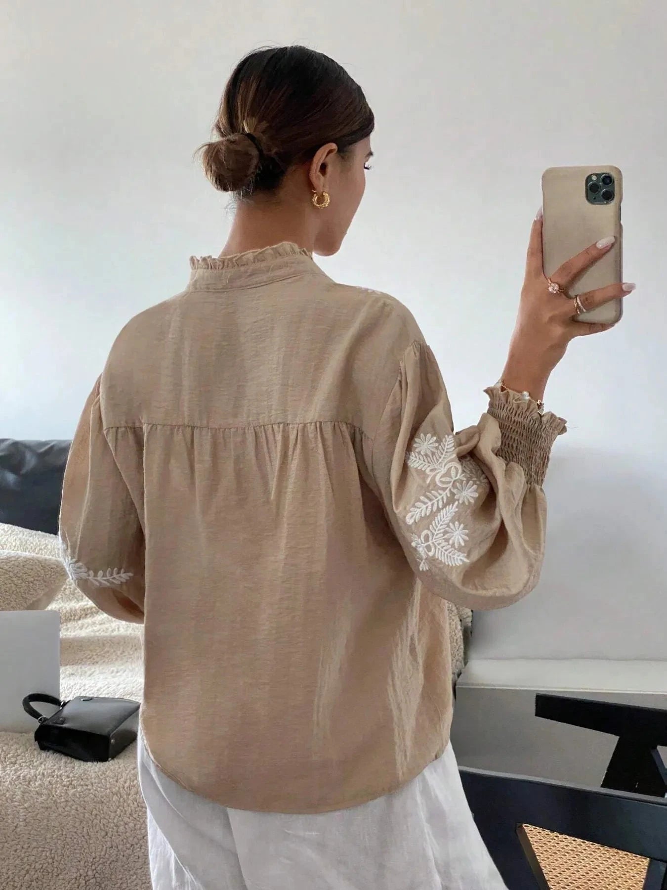Embroidered Lantern Sleeve Blouse