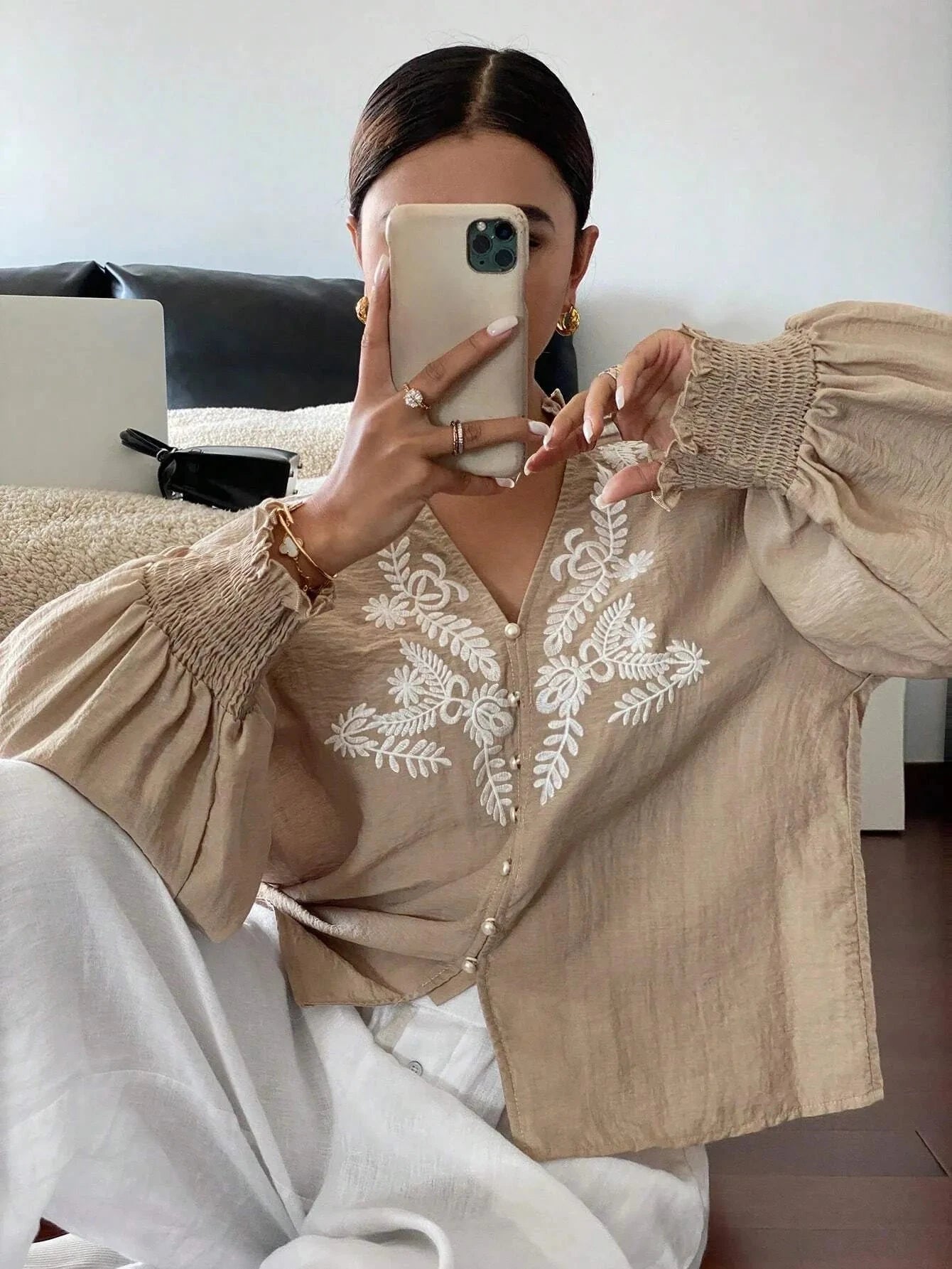 Embroidered Lantern Sleeve Blouse