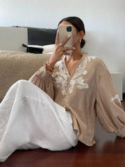 Embroidered Lantern Sleeve Blouse