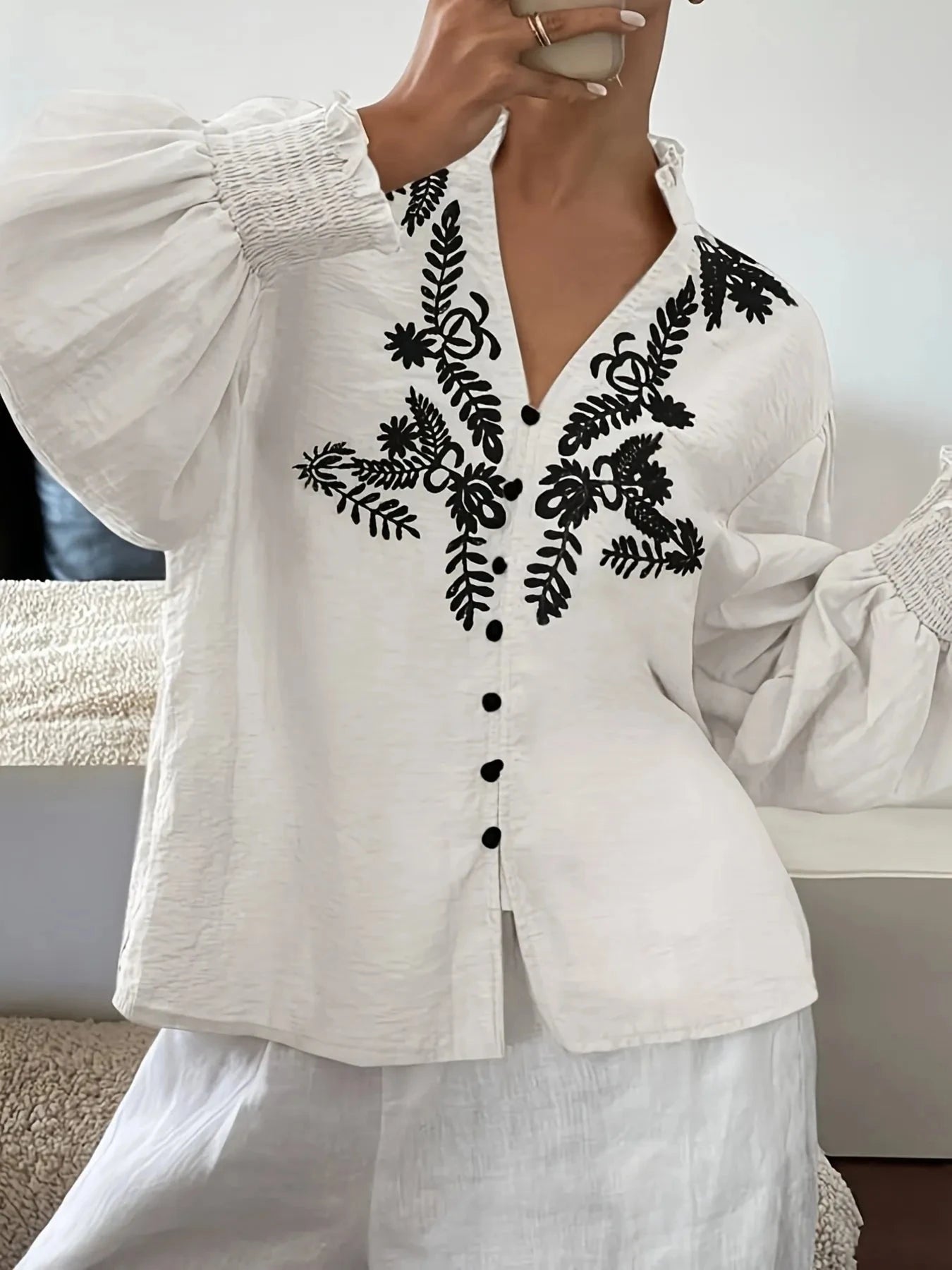 Embroidered Lantern Sleeve Blouse