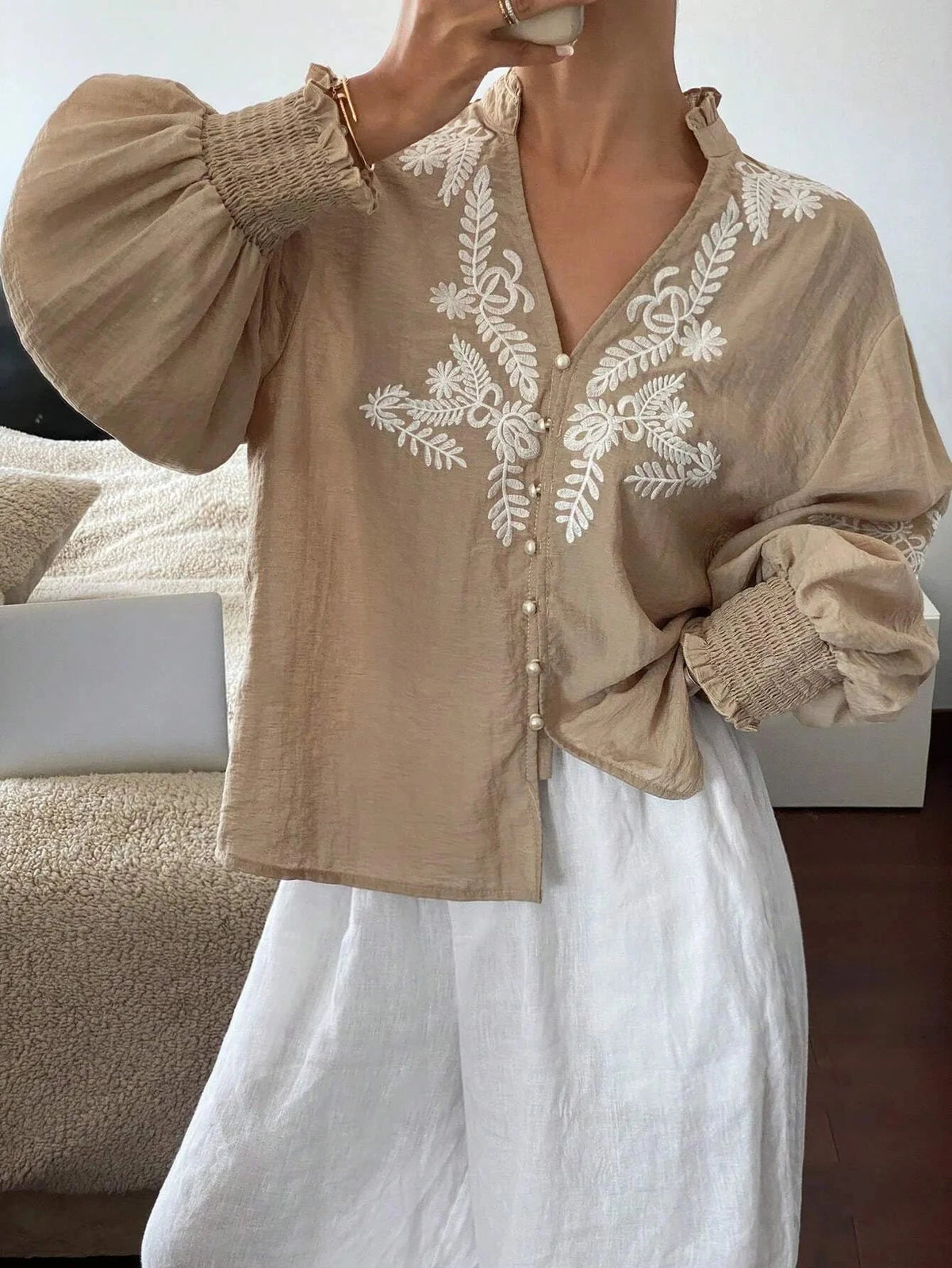 Embroidered Lantern Sleeve Blouse Apricot / S