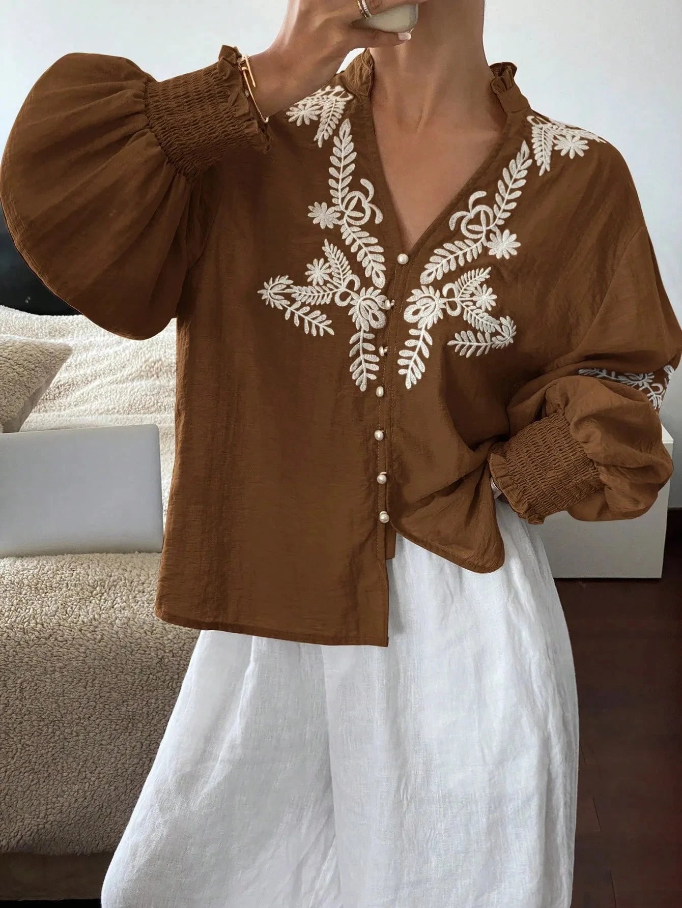 Embroidered Lantern Sleeve Blouse Brown / S