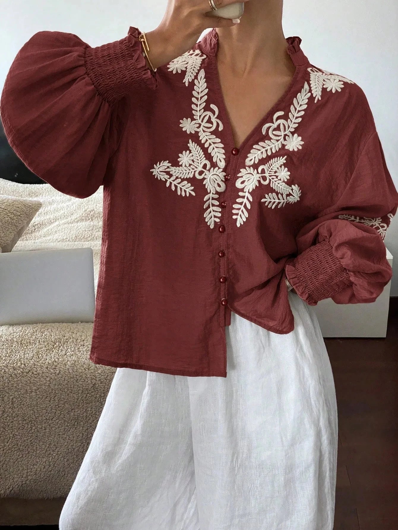 Embroidered Lantern Sleeve Blouse Burgundy / S