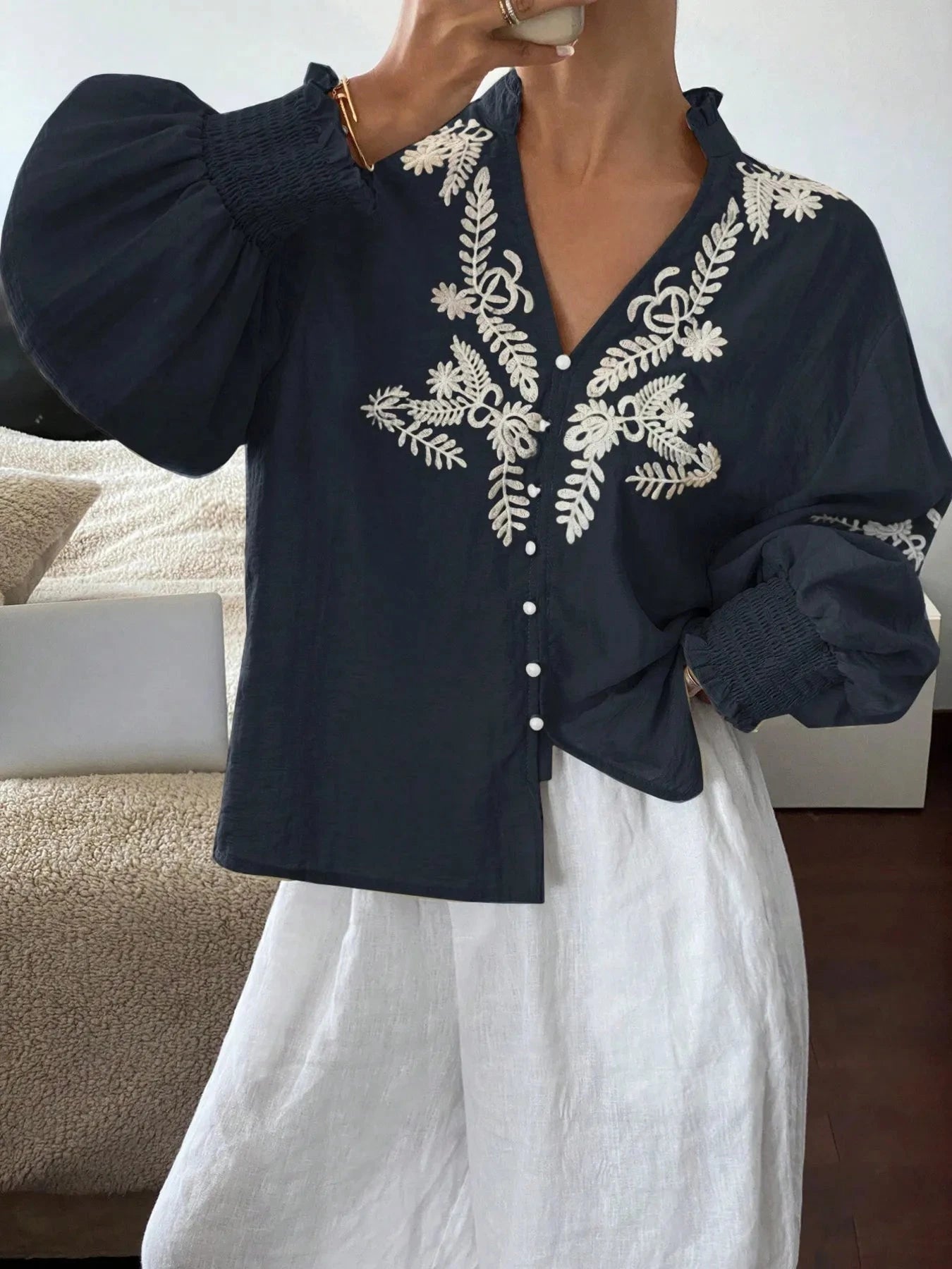 Embroidered Lantern Sleeve Blouse Navy / S