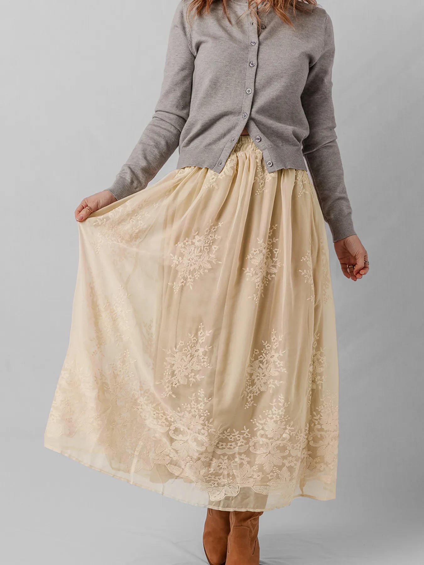 Embroidered Mesh Overlay Flowy Midi Skirt