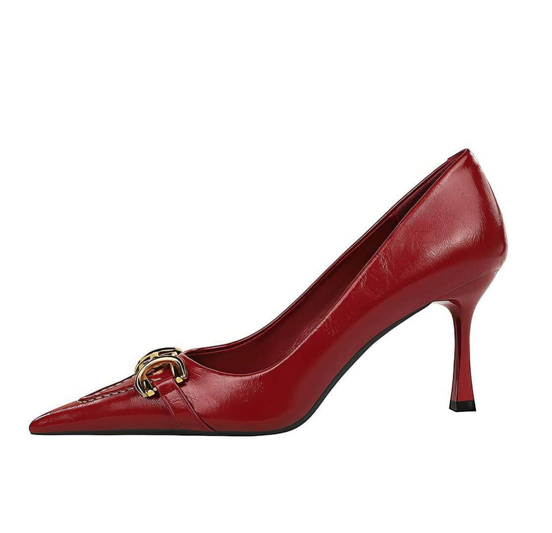 Embroidery Detailed Metallic Chain Pointed Toe Court Heels