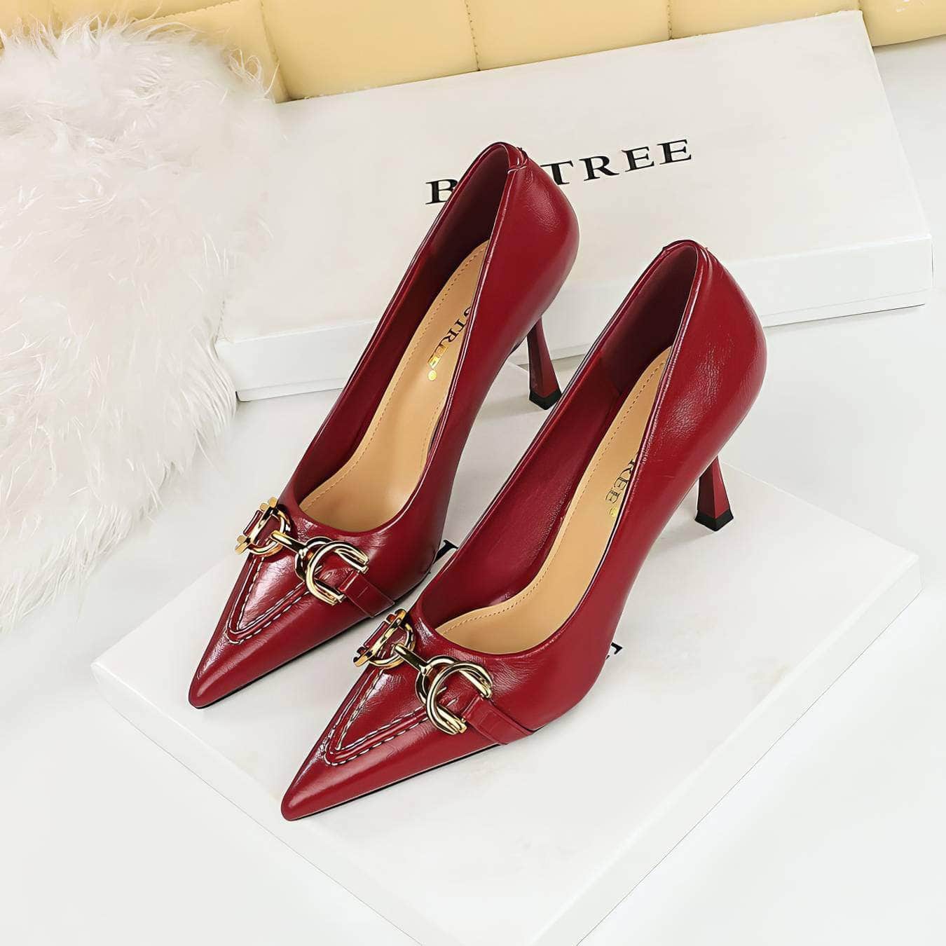 Embroidery Detailed Metallic Chain Pointed Toe Court Heels