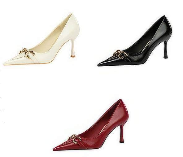 Embroidery Detailed Metallic Chain Pointed Toe Court Heels
