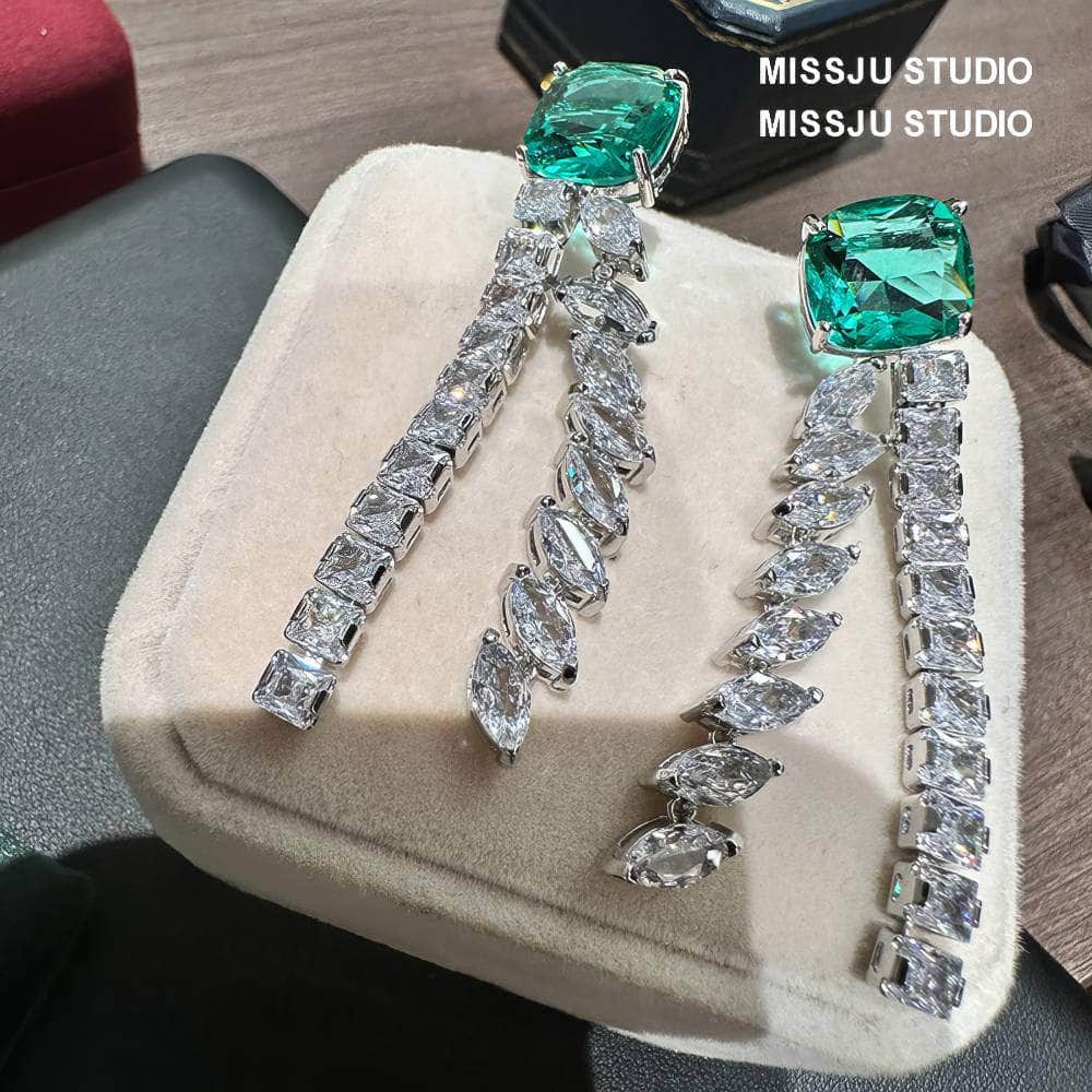 Emerald Crystal Rhinestone Tassel Statement Earrings