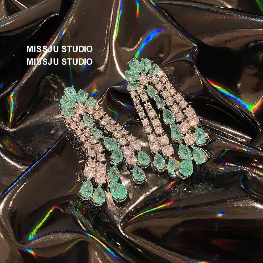 Emerald Crystals Tassel Drop Rhinestone Earrings Green