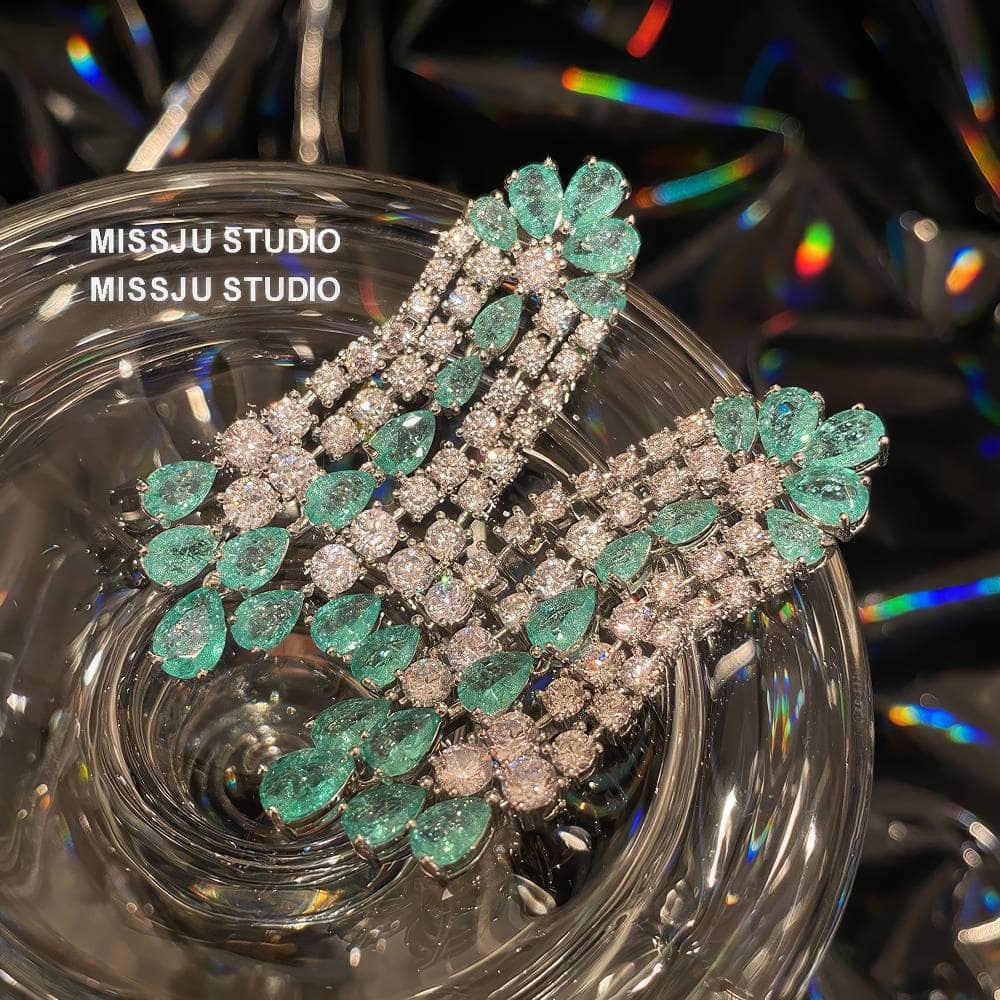 Emerald Crystals Tassel Drop Rhinestone Earrings Green