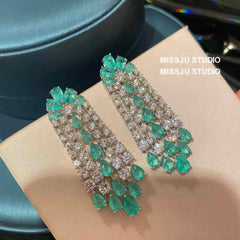 Emerald Crystals Tassel Drop Rhinestone Earrings Green