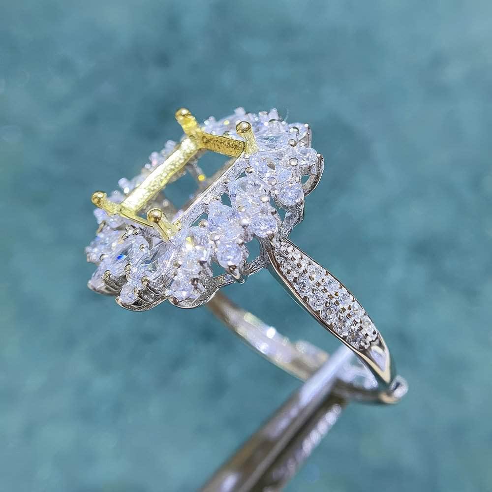 Emerald-Cut Semi-Mount Inlaid Ring Settings Lab Diamond 18k Gold Gemstone Ring: 6*8MM, 7*9MM, 8*10MM