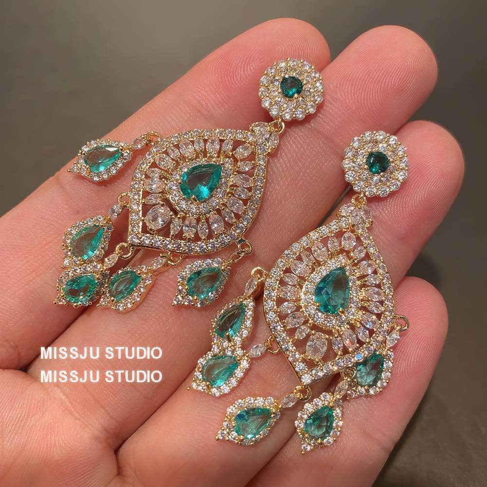 Emerald Rhinestone Chandelier Tassel Earrings Green