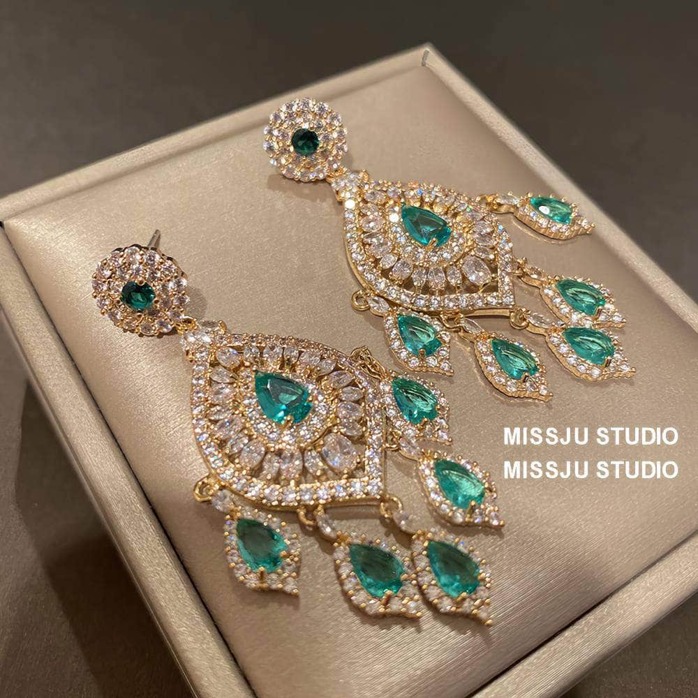 Emerald Rhinestone Chandelier Tassel Earrings Green