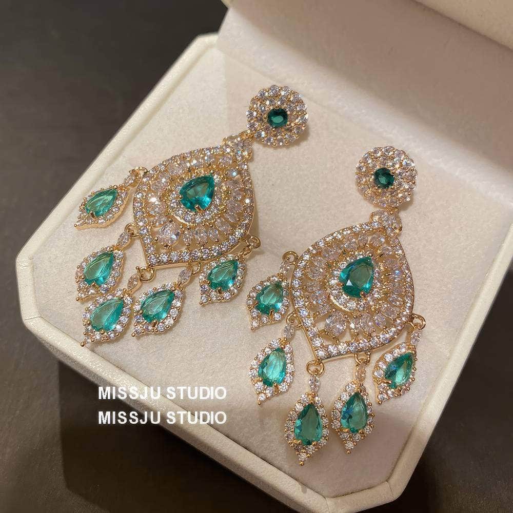 Emerald Rhinestone Chandelier Tassel Earrings Green
