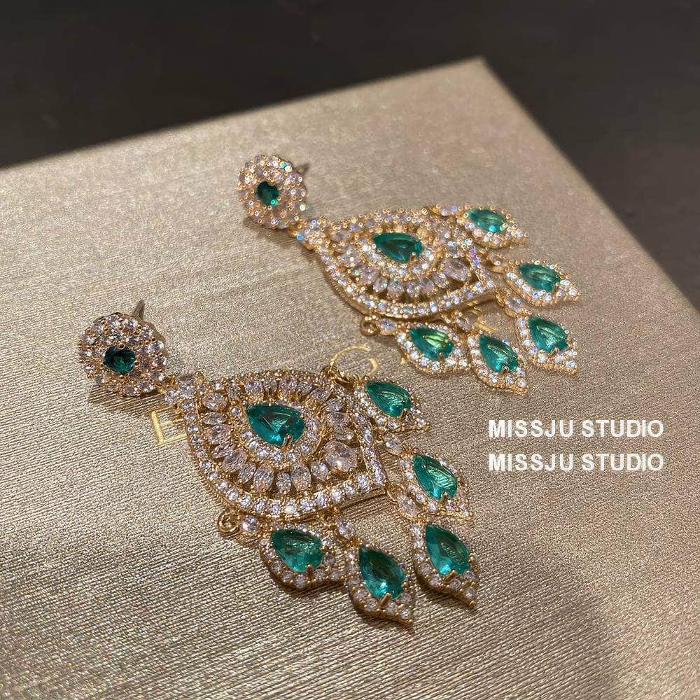 Emerald Rhinestone Chandelier Tassel Earrings Green