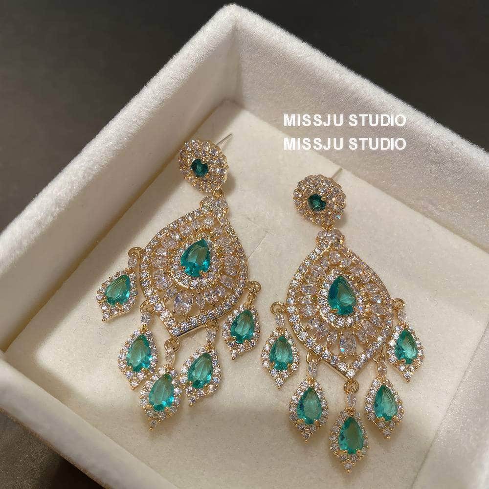 Emerald Rhinestone Chandelier Tassel Earrings Green