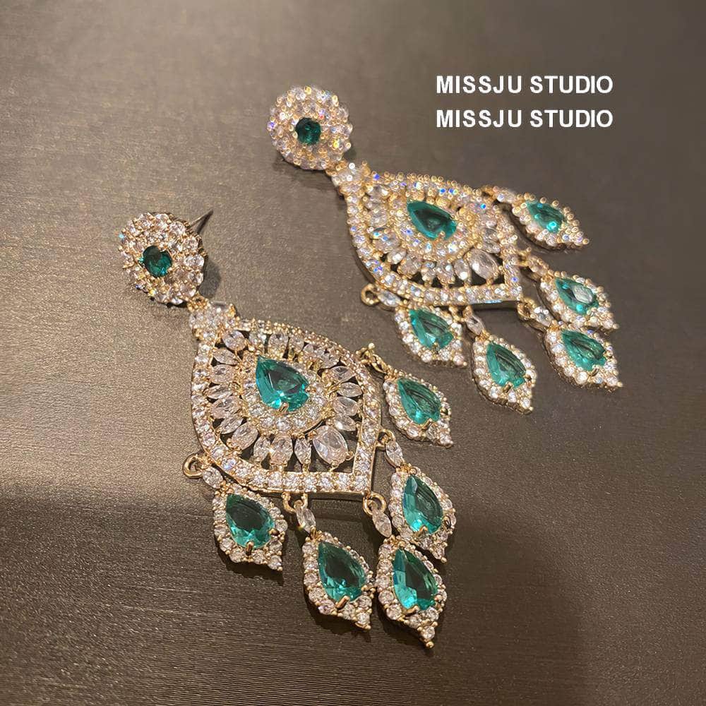 Emerald Rhinestone Chandelier Tassel Earrings Green