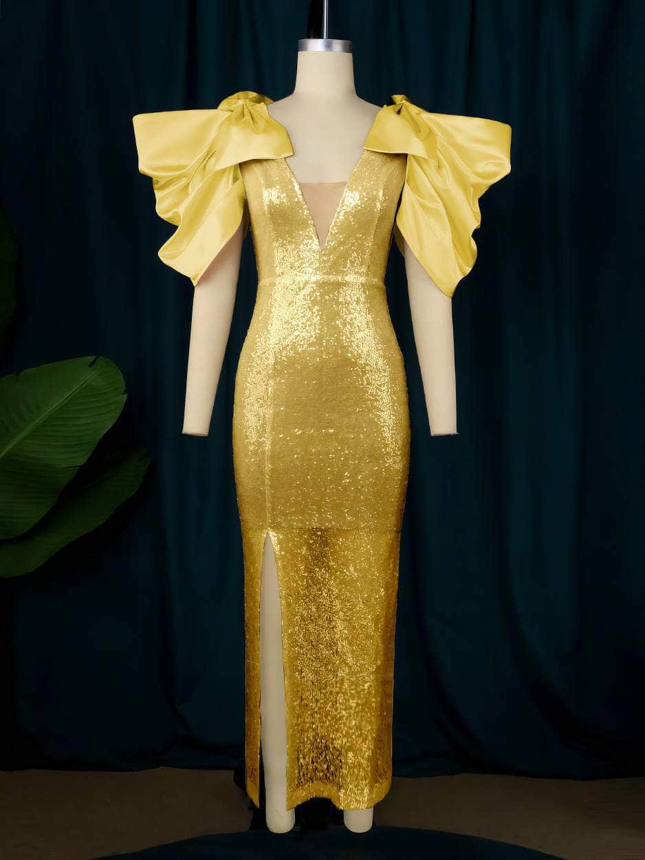 Exaggerated Bow Sleeves Sequin Side Slit Dress