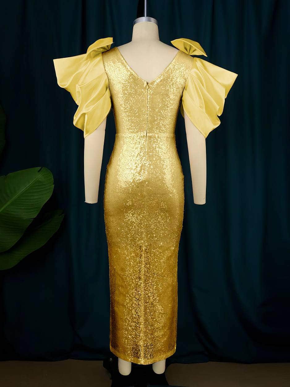 Exaggerated Bow Sleeves Sequin Side Slit Dress