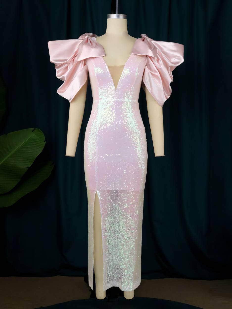 Exaggerated Bow Sleeves Sequin Side Slit Dress