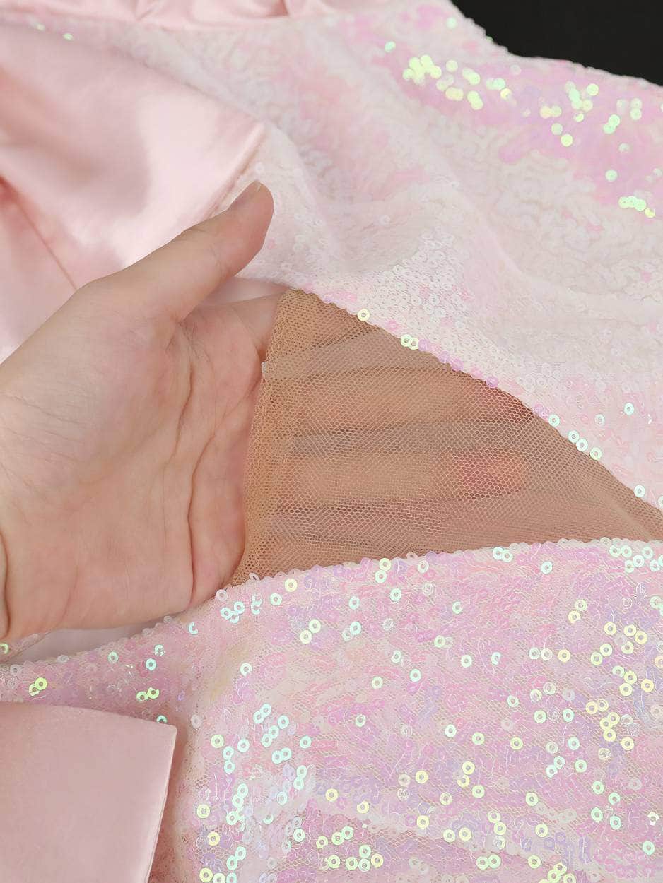 Exaggerated Bow Sleeves Sequin Side Slit Dress