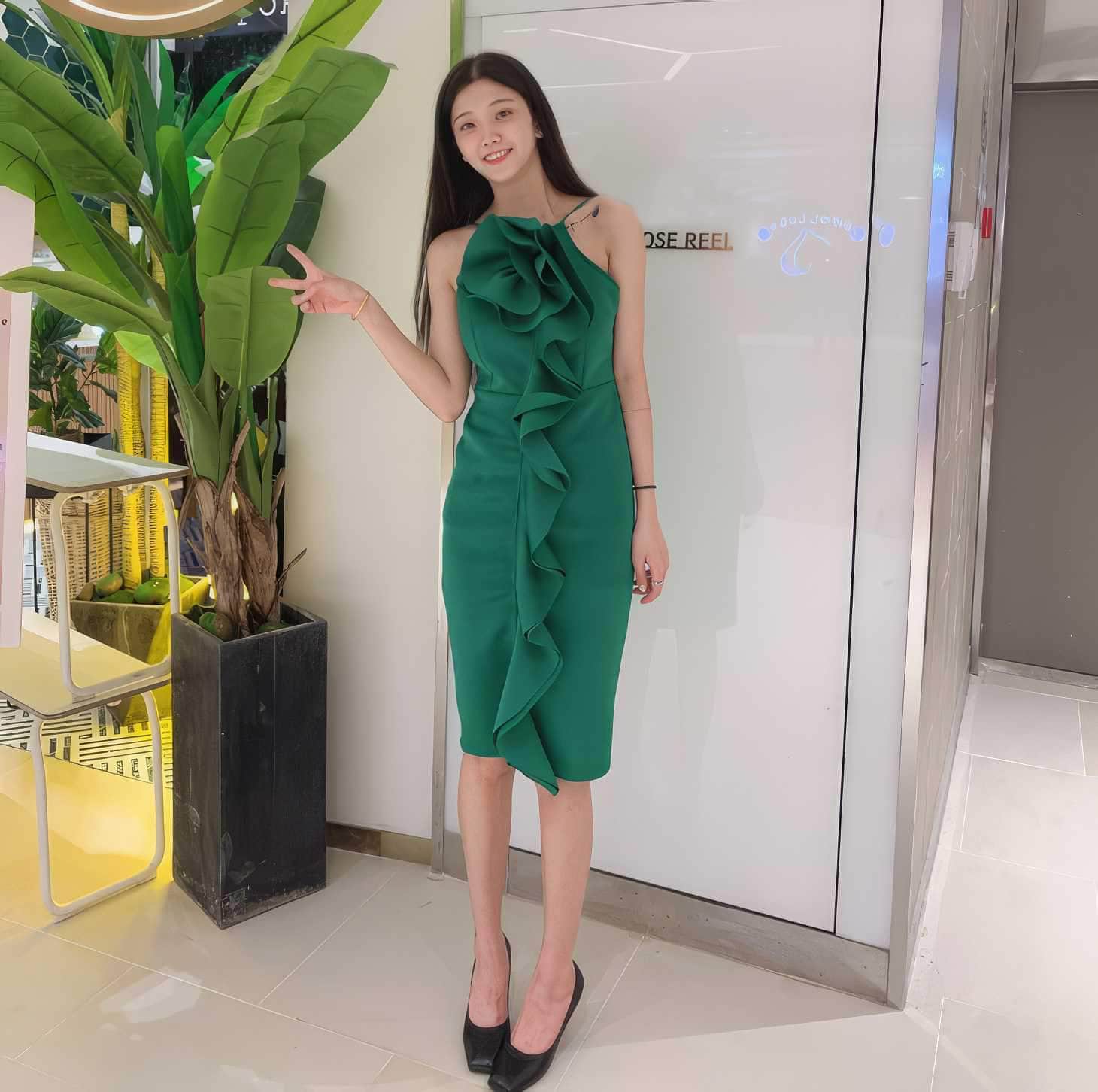 Exaggerated Front Ruffled Spaghetti Strap Dress S / Green