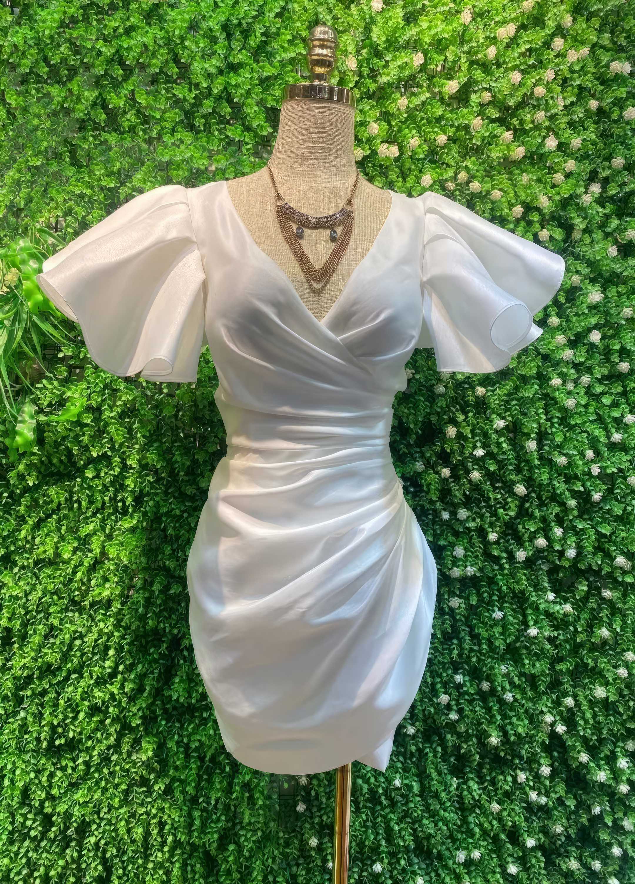 Exaggerated Ruffle Satin Mini Dress S / White
