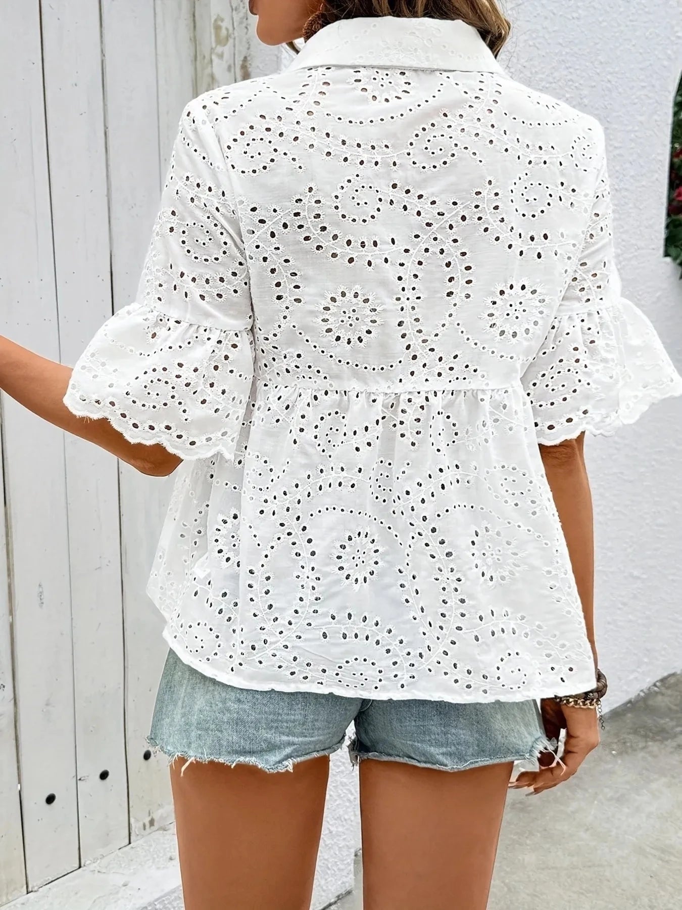 Eyelet Button Down Half Sleeve Shirt
