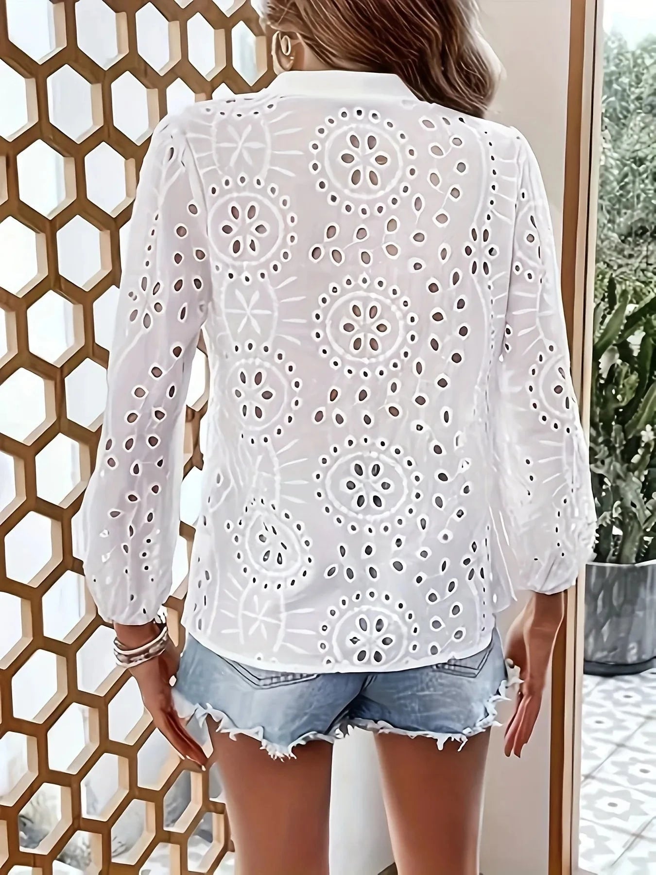 Eyelet Button Up Notched Shirt
