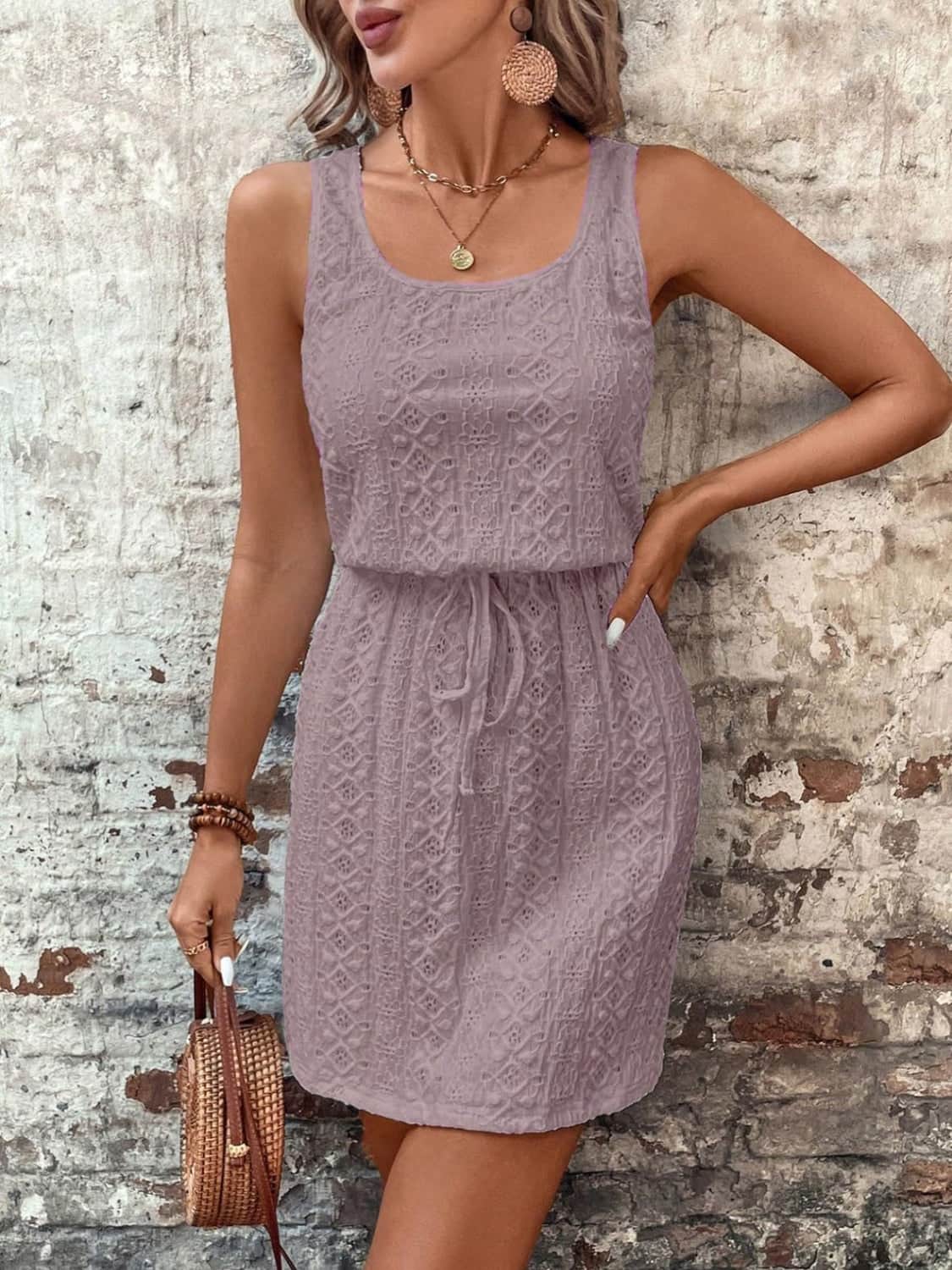 Eyelet Drawstring Round Neck Sleeveless Dress Lilac / S