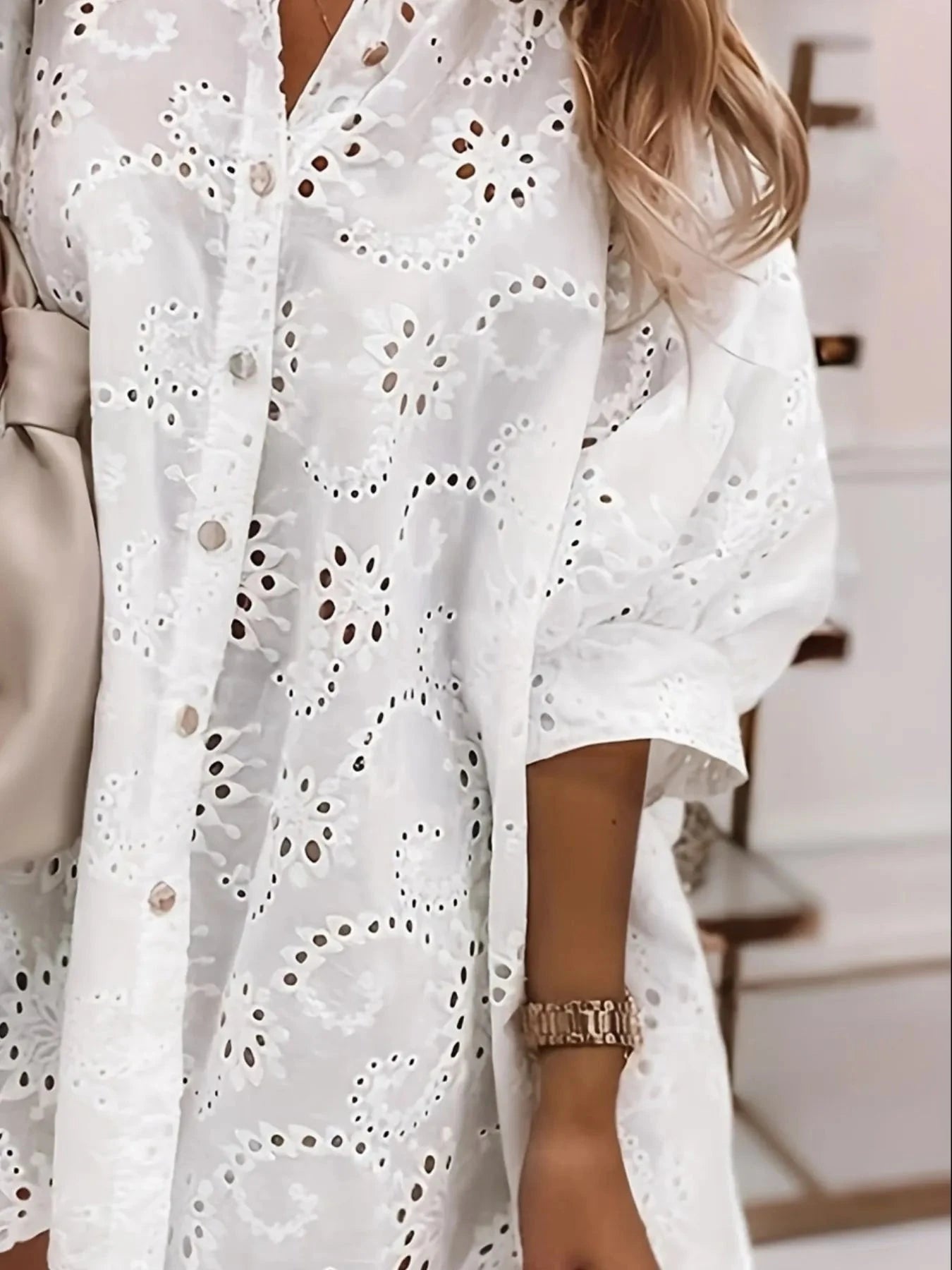 Eyelet Embroidered Button-Down Oversize Shirt
