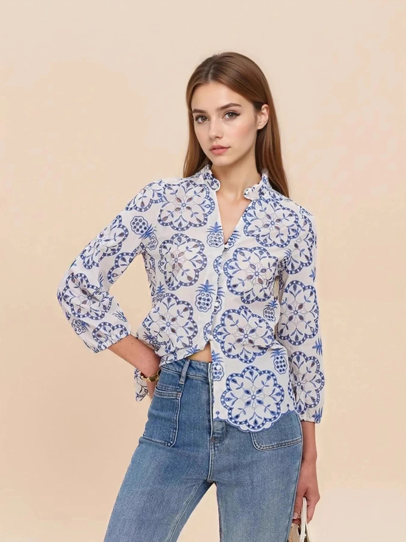 Eyelet Embroidered Long Sleeve Shirt Blue / S