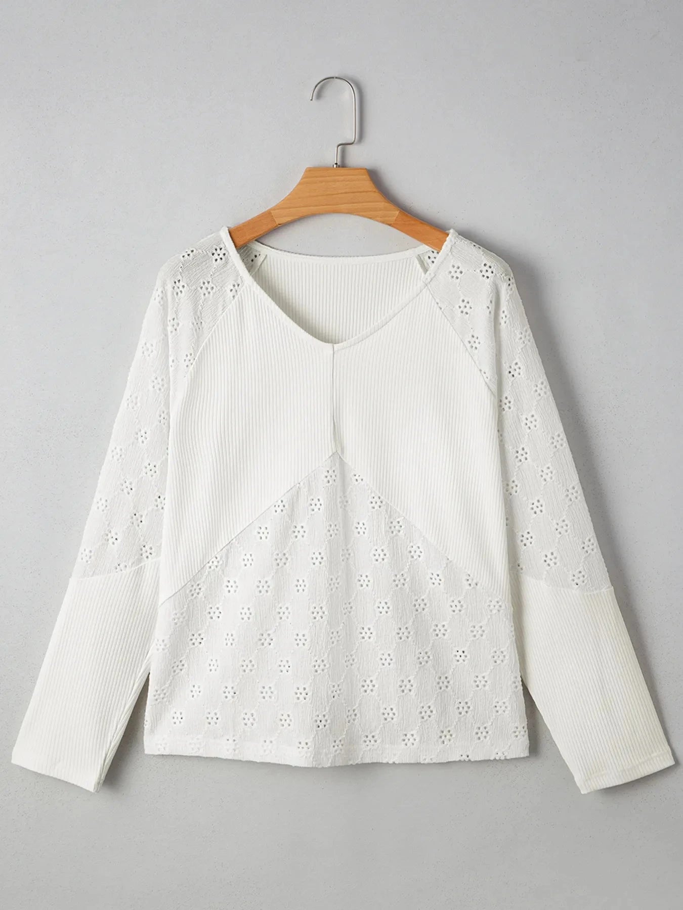 Eyelet Embroidered Loose V Neck Long Sleeve Top