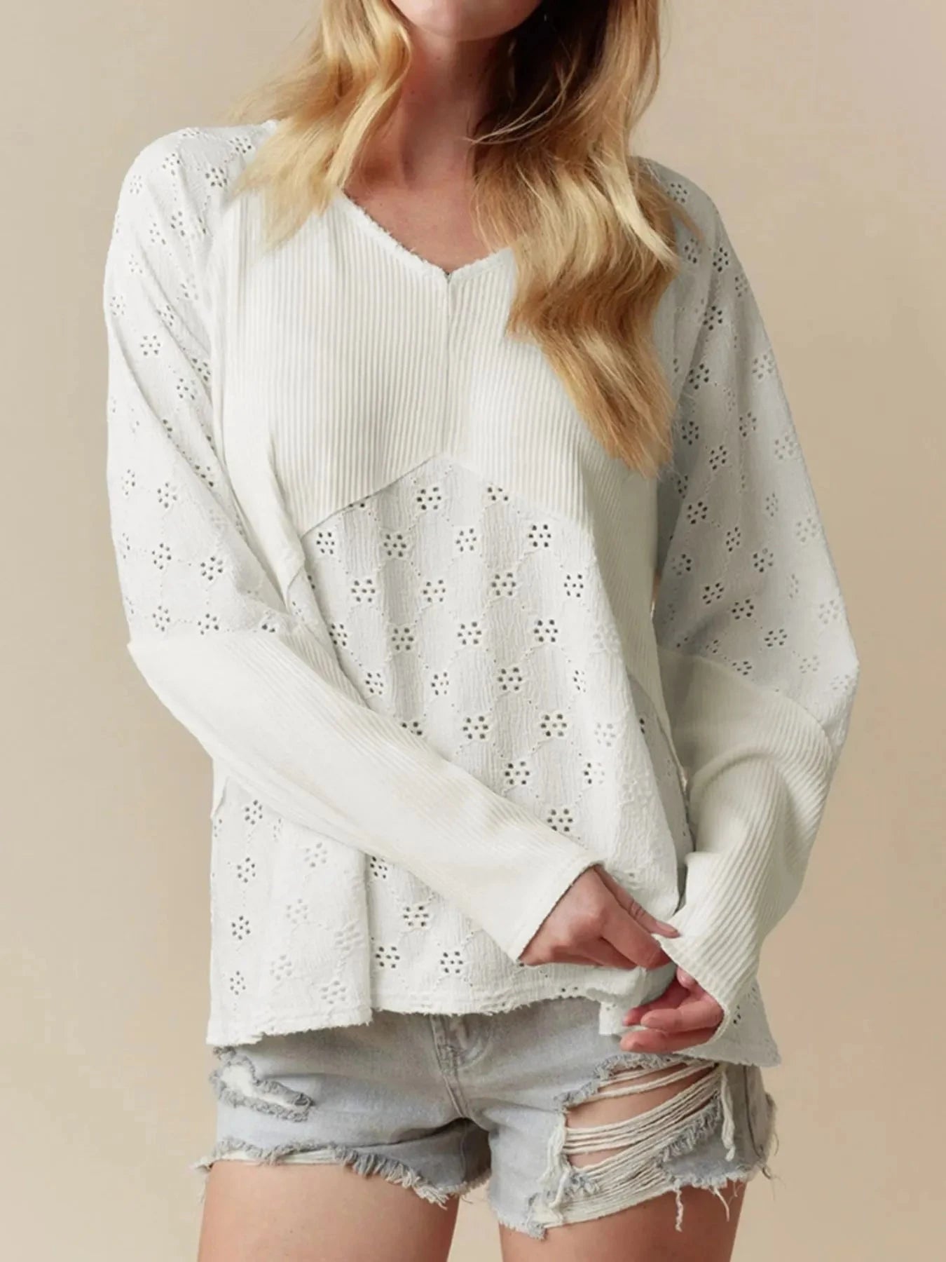 Eyelet Embroidered Loose V Neck Long Sleeve Top