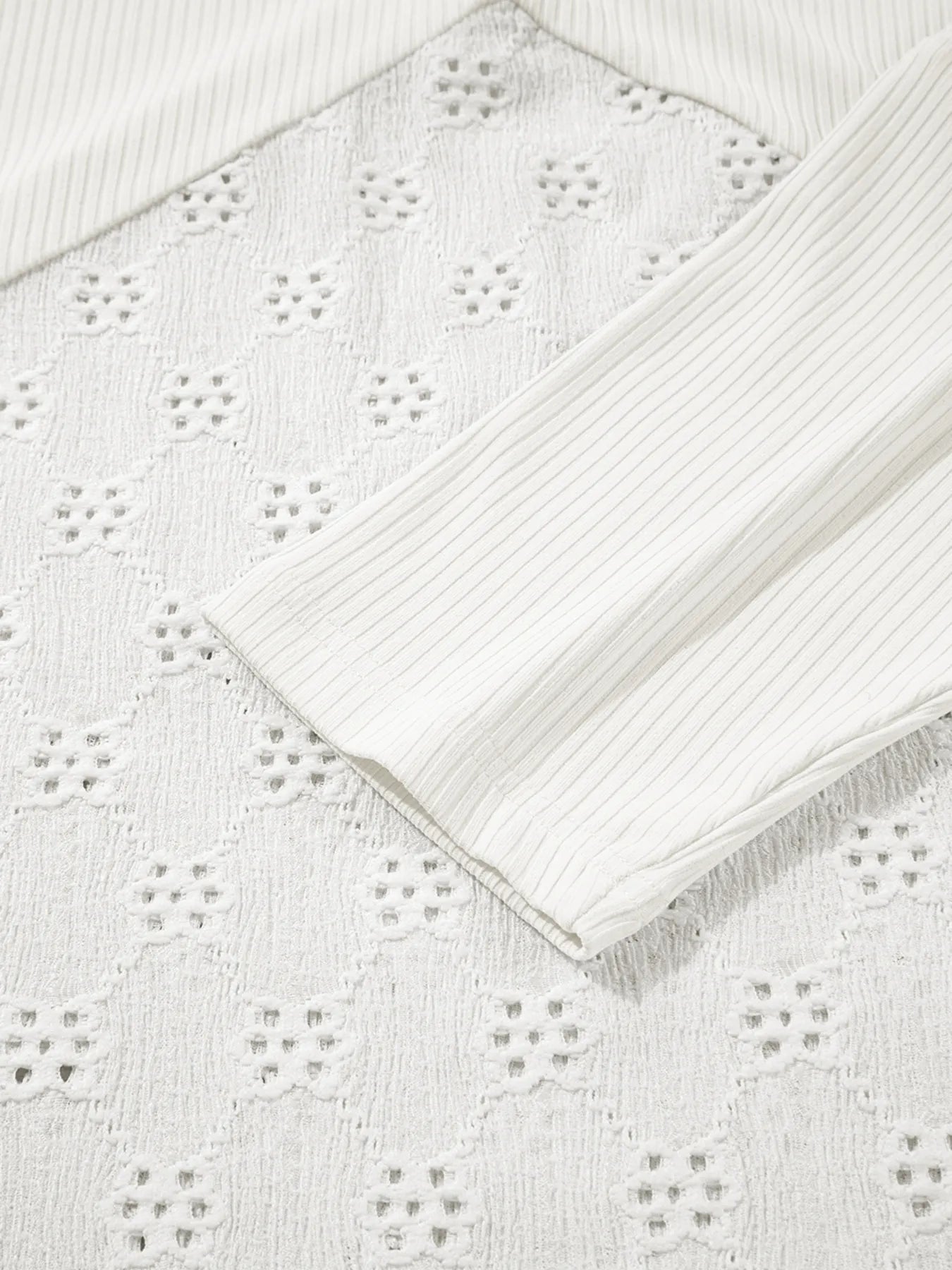 Eyelet Embroidered Loose V Neck Long Sleeve Top