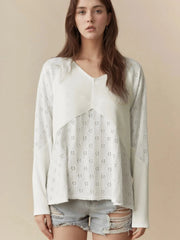 Eyelet Embroidered Loose V Neck Long Sleeve Top White / S