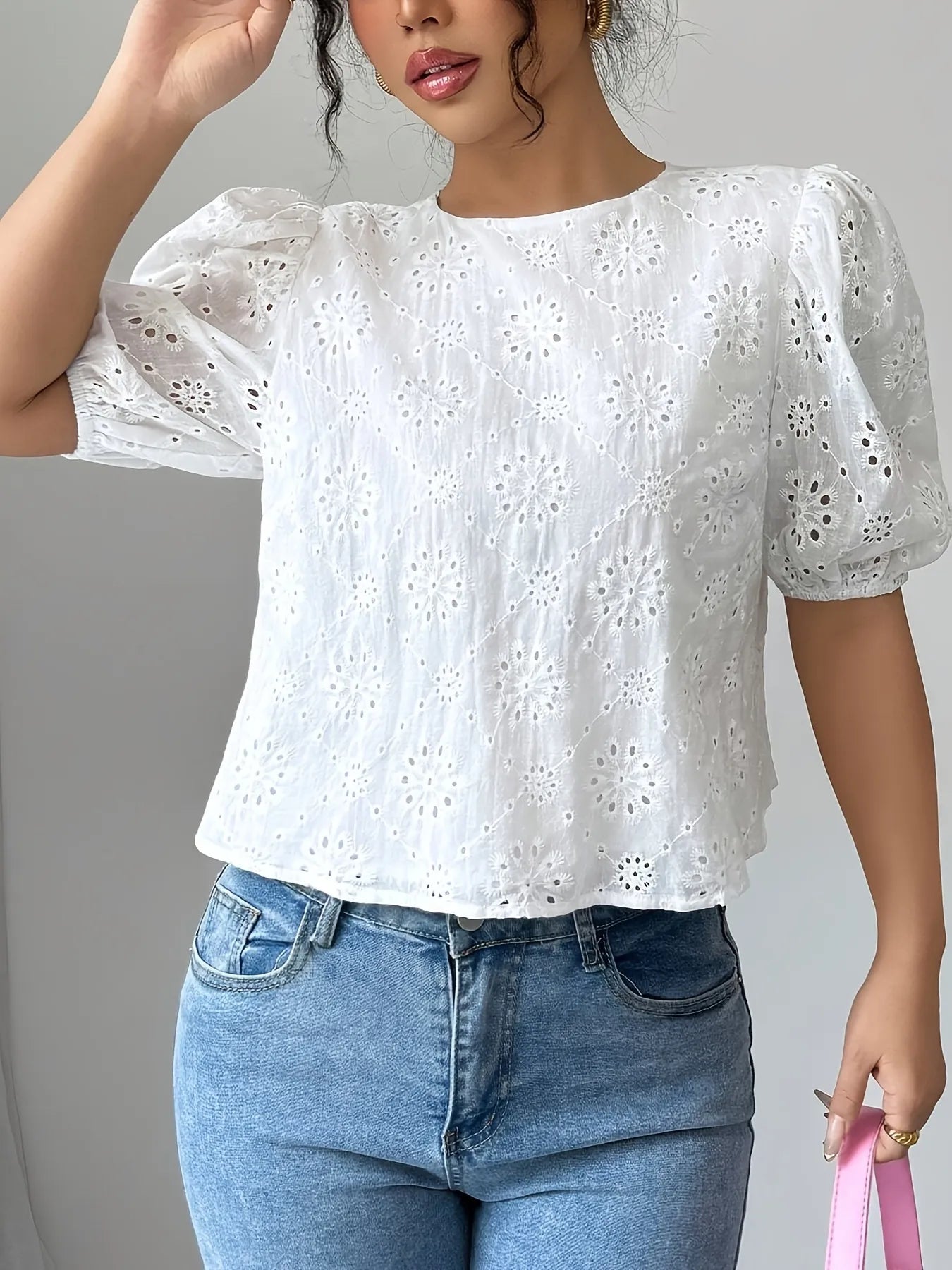 Eyelet Embroidered Puff Sleeve Tie-Back Blouse