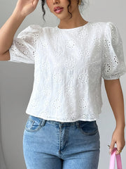 Eyelet Embroidered Puff Sleeve Tie-Back Blouse
