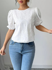 Eyelet Embroidered Puff Sleeve Tie-Back Blouse