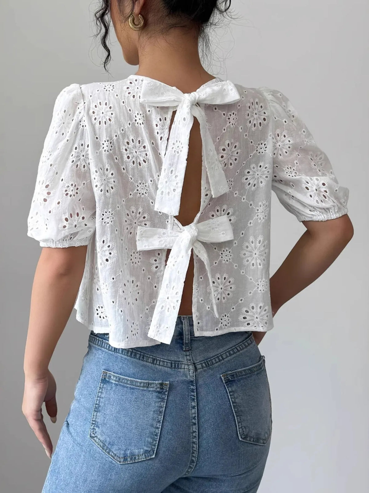 Eyelet Embroidered Puff Sleeve Tie-Back Blouse White / S