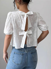 Eyelet Embroidered Puff Sleeve Tie-Back Blouse White / S