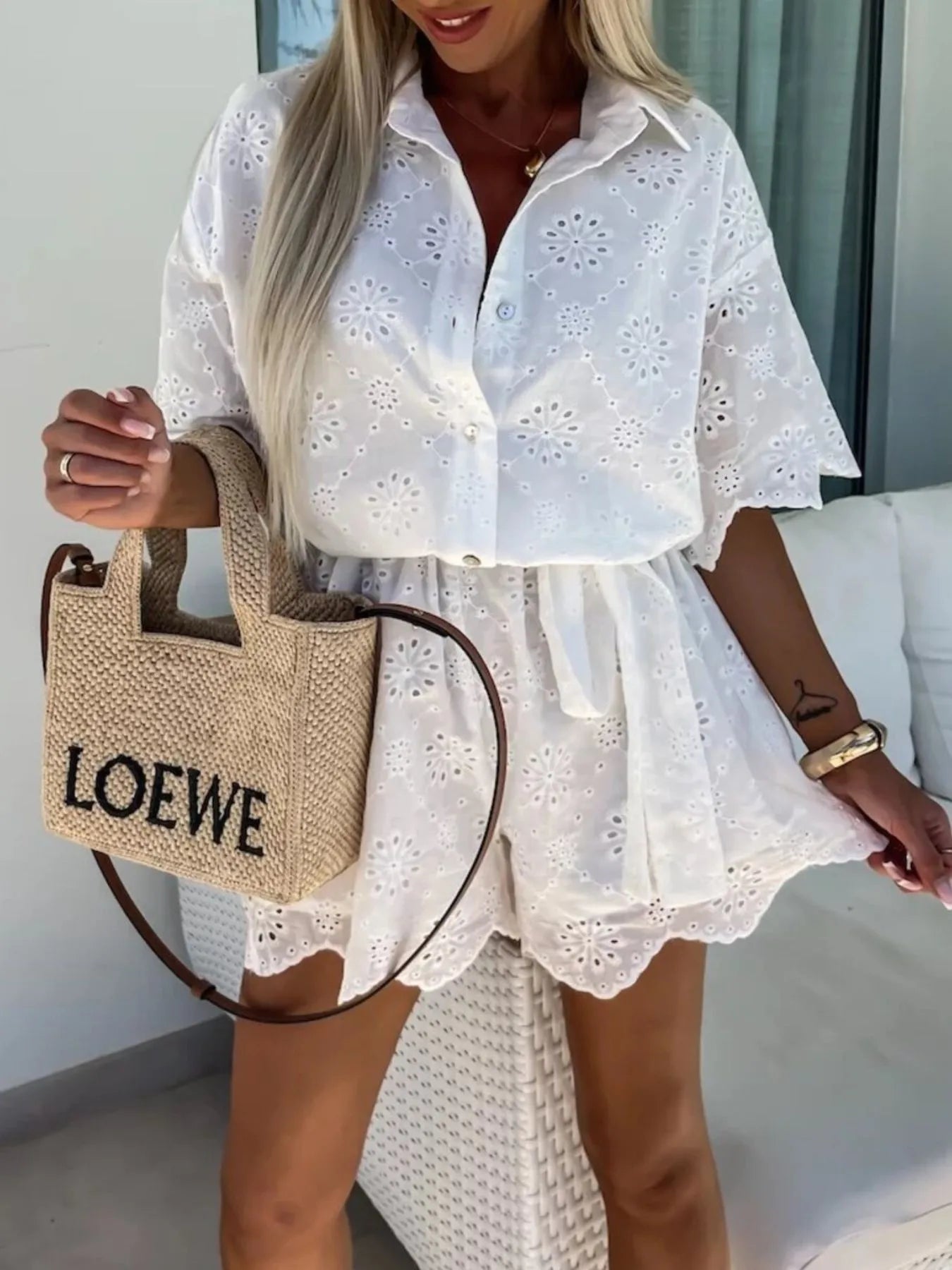 Eyelet Lace Button-Up Romper