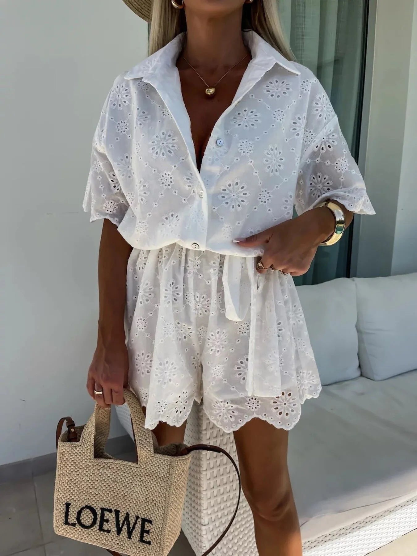Eyelet Lace Button-Up Romper