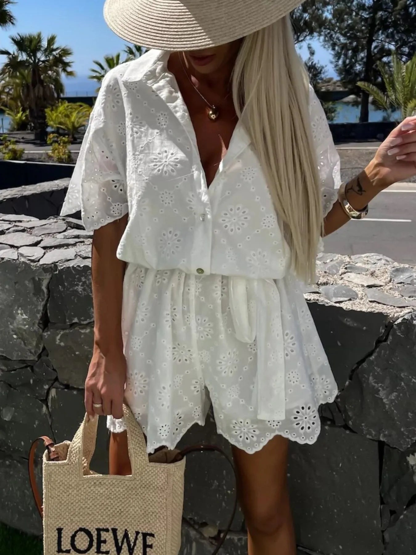 Eyelet Lace Button-Up Romper