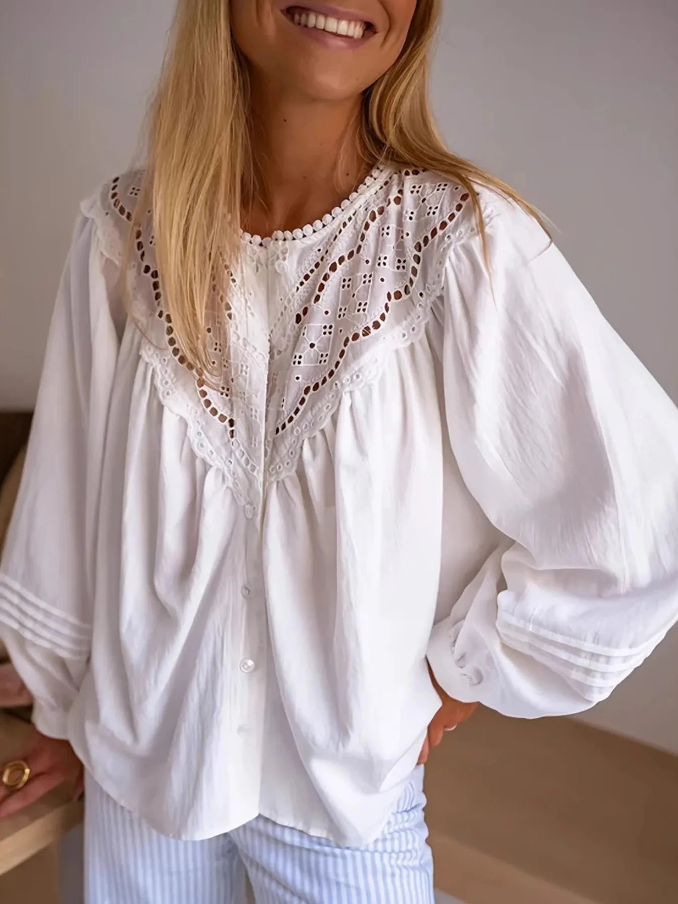 Eyelet Lace Detail Long Sleeve Blouse White / S