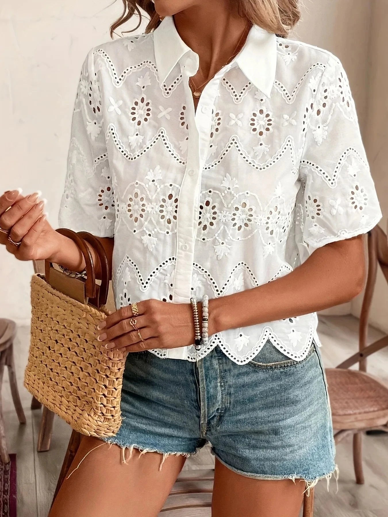Eyelet Lace Short Sleeve Button-Up Shirt